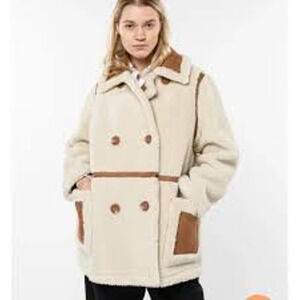 Ina Faux Shearling Suede Double Breasted Coat Jacket Cream Ivory Brown Pockets L